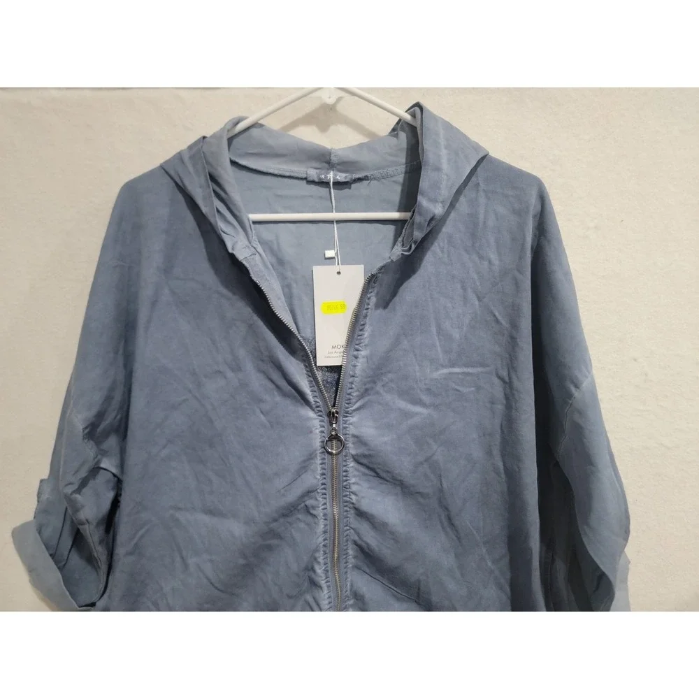 SIRELY'S Couture‎ Italy Blue Shredded Sequin Back Hood Jacket Boho Lagenlook OS
